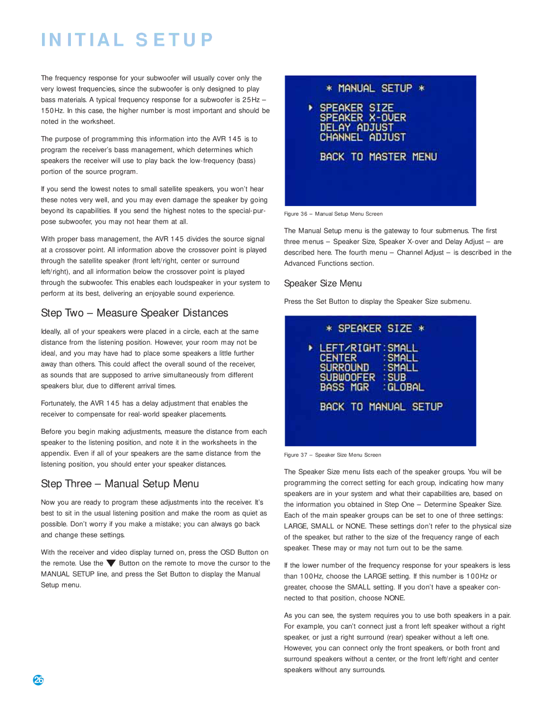 Harman-Kardon AVR 145 owner manual Step Two Measure Speaker Distances, Step Three Manual Setup Menu, Speaker Size Menu 