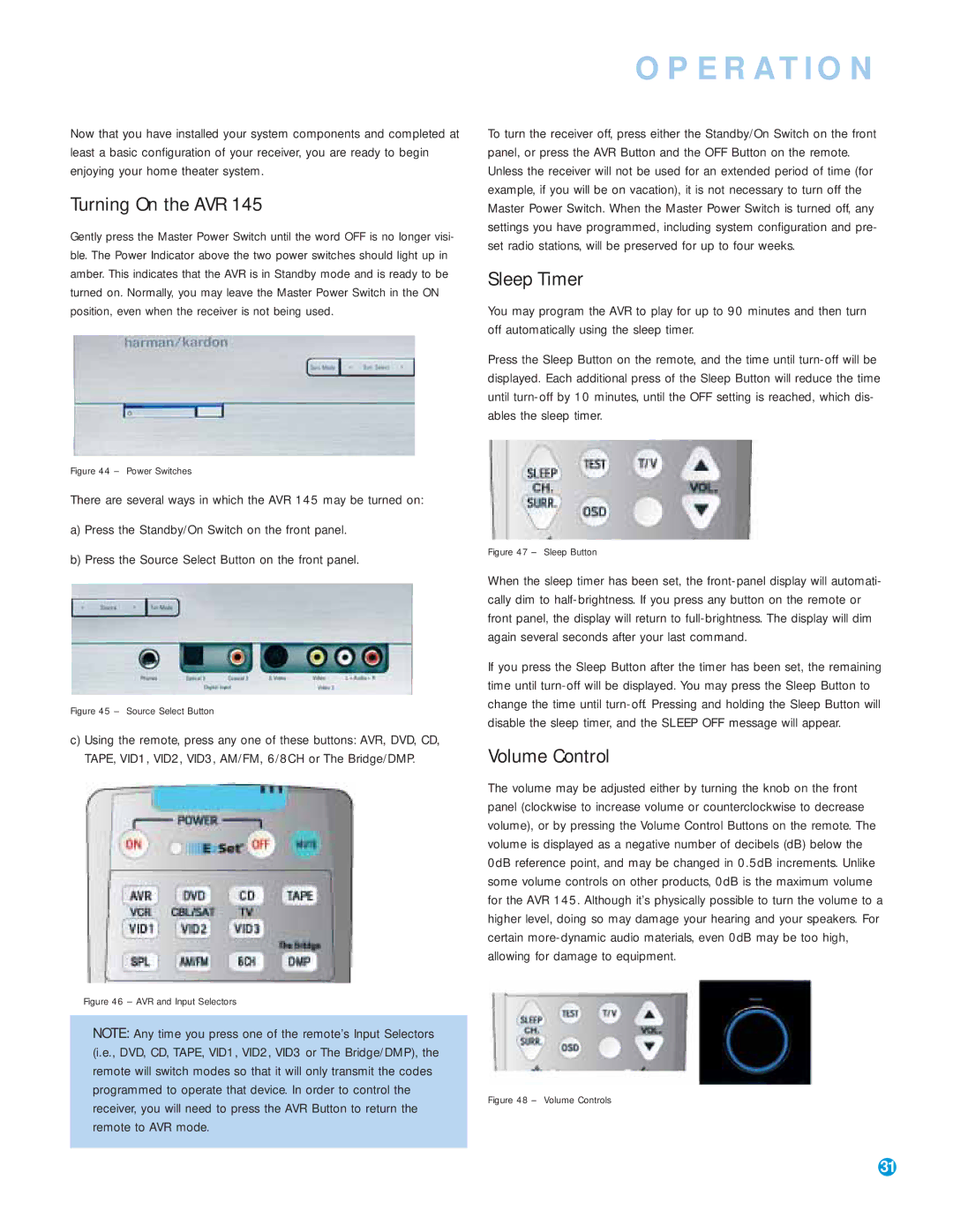 Harman-Kardon AVR 145 owner manual Operation, Turning On the AVR, Sleep Timer, Volume Control 