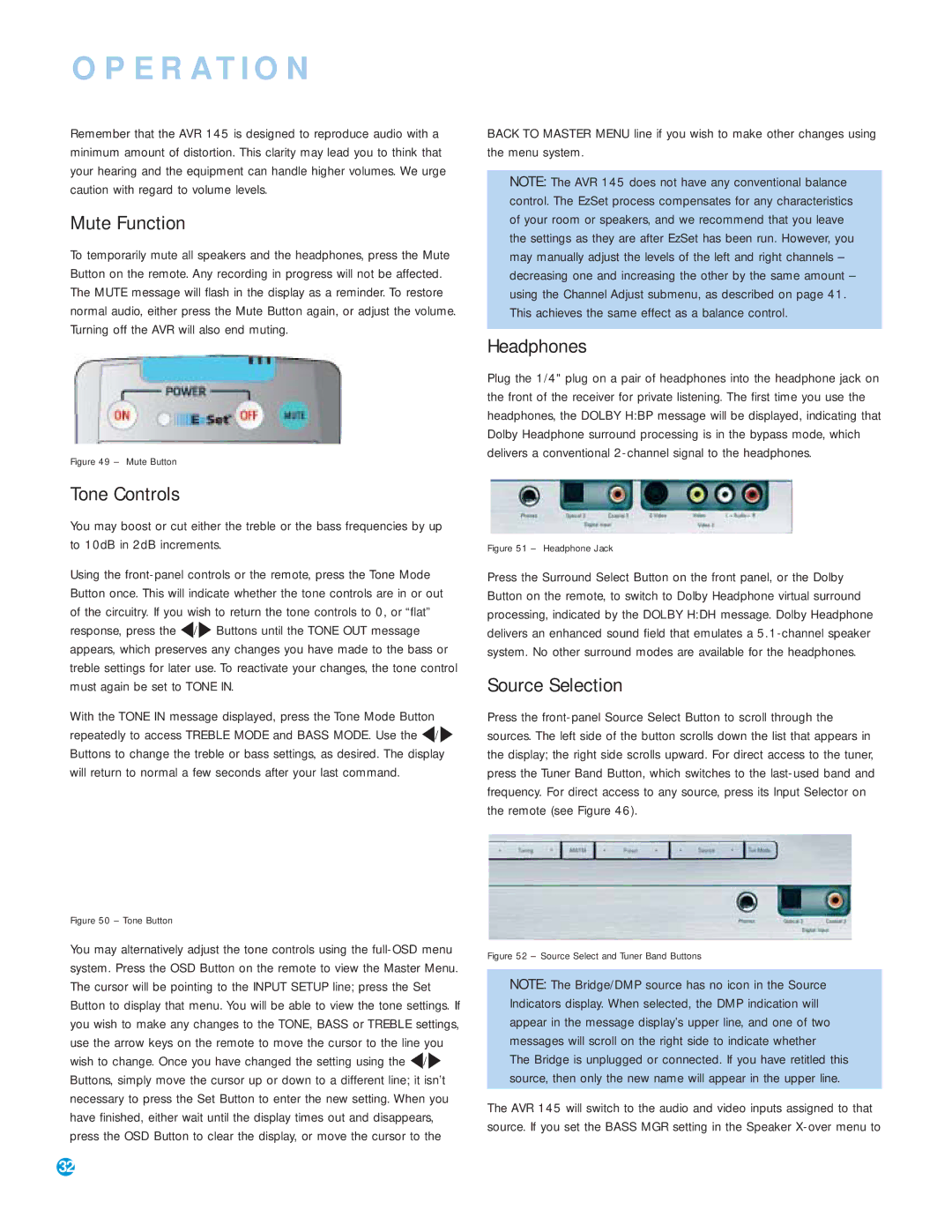 Harman-Kardon AVR 145 owner manual Mute Function, Headphones, Tone Controls, Source Selection 