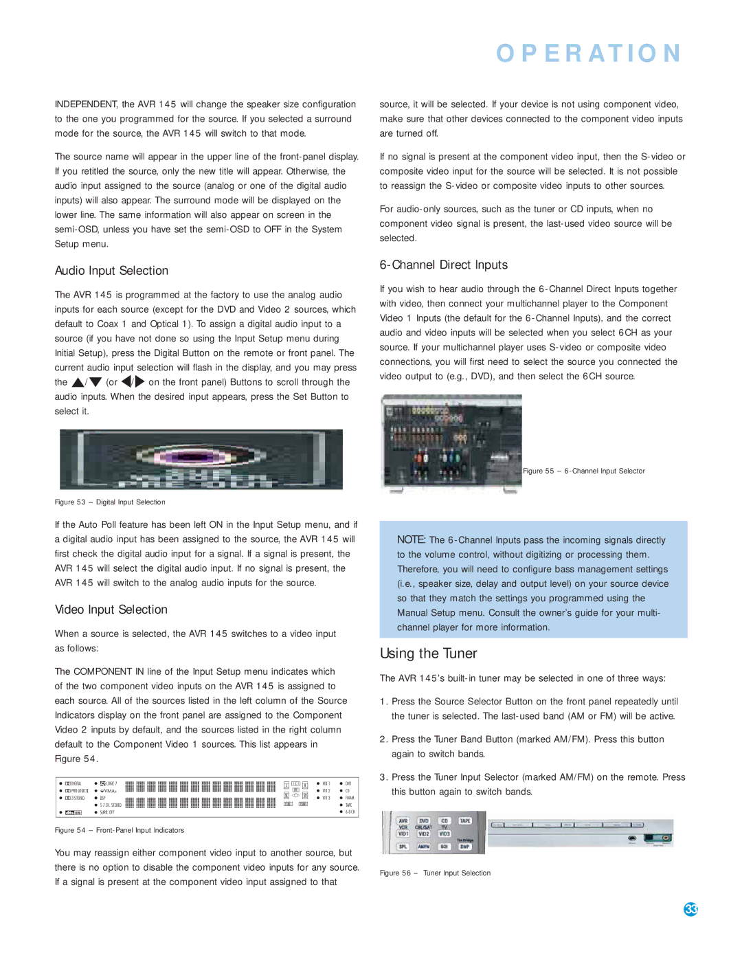 Harman-Kardon AVR 145 owner manual Using the Tuner, Audio Input Selection, Video Input Selection, Channel Direct Inputs 