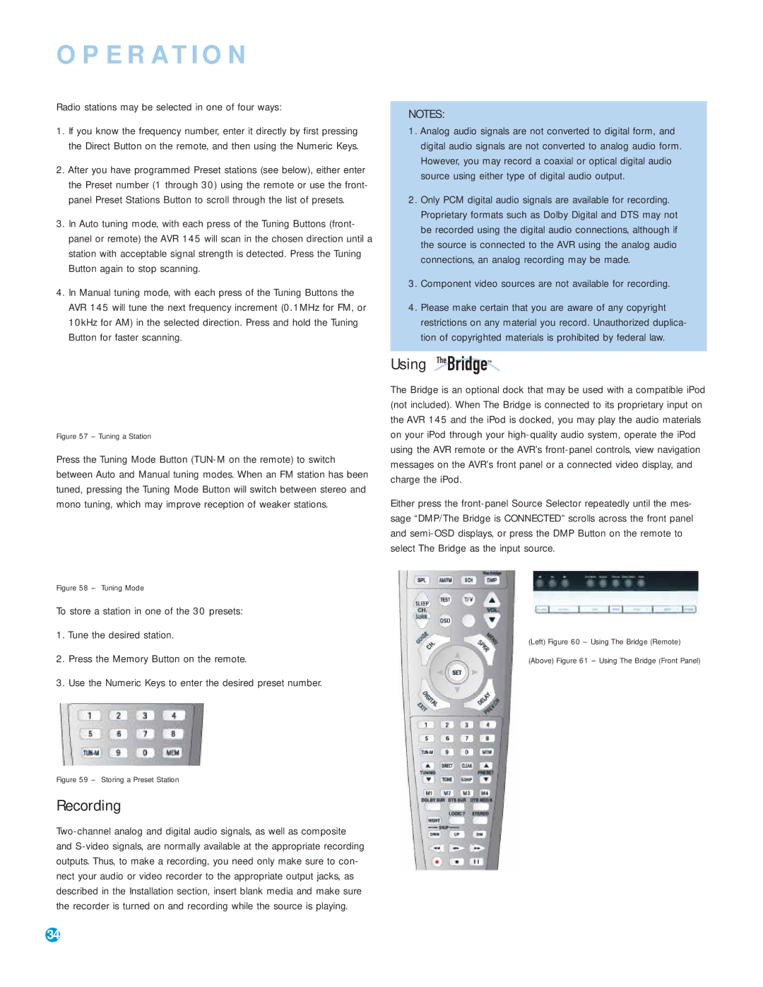 Harman-Kardon AVR 145 owner manual Recording, Using TheBridgeTM, Radio stations may be selected in one of four ways 