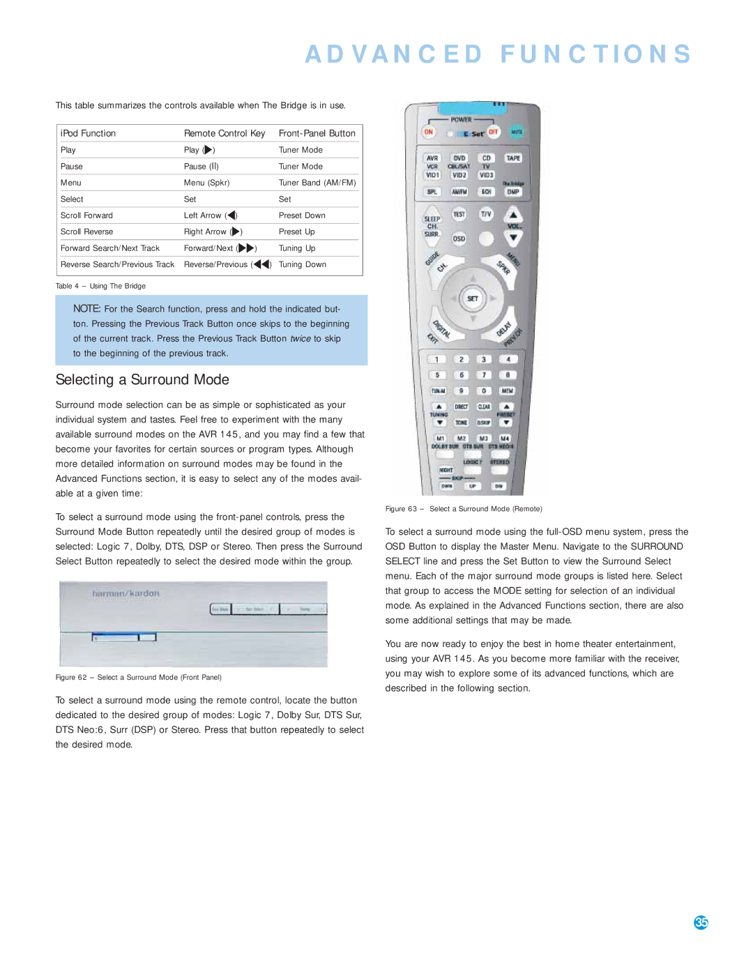 Harman-Kardon AVR 145 owner manual Advanced Functions, Selecting a Surround Mode 