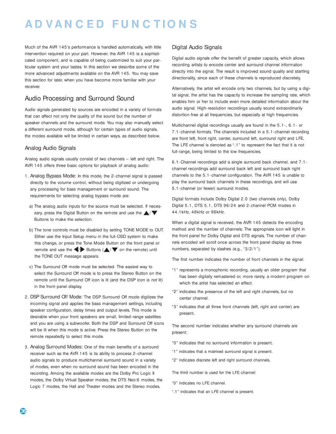 Harman-Kardon AVR 145 owner manual Audio Processing and Surround Sound, Analog Audio Signals, Digital Audio Signals 