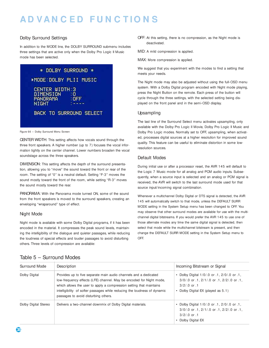 Harman-Kardon AVR 145 owner manual Dolby Surround Settings, Night Mode, Upsampling, Default Modes 