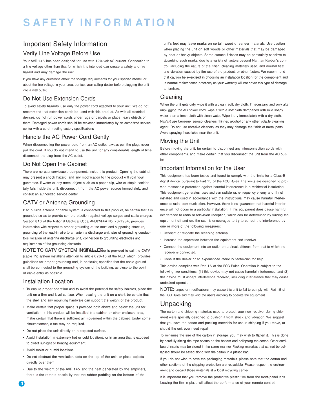 Harman-Kardon AVR 145 owner manual Important Safety Information 