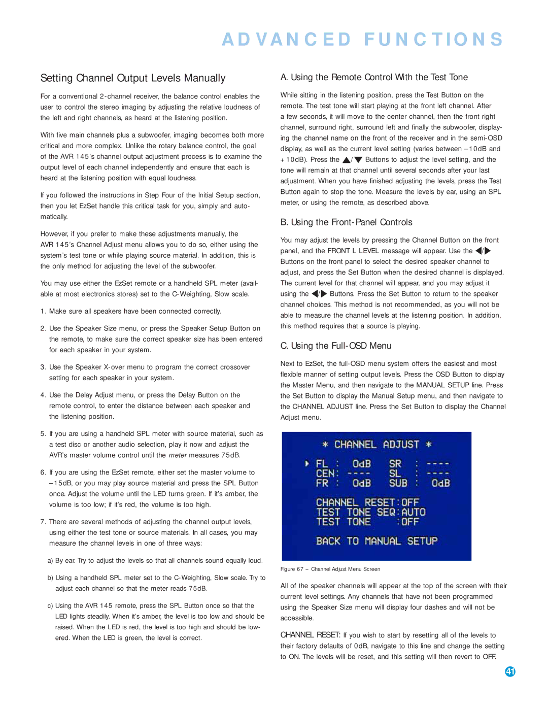 Harman-Kardon AVR 145 owner manual Setting Channel Output Levels Manually, Using the Remote Control With the Test Tone 