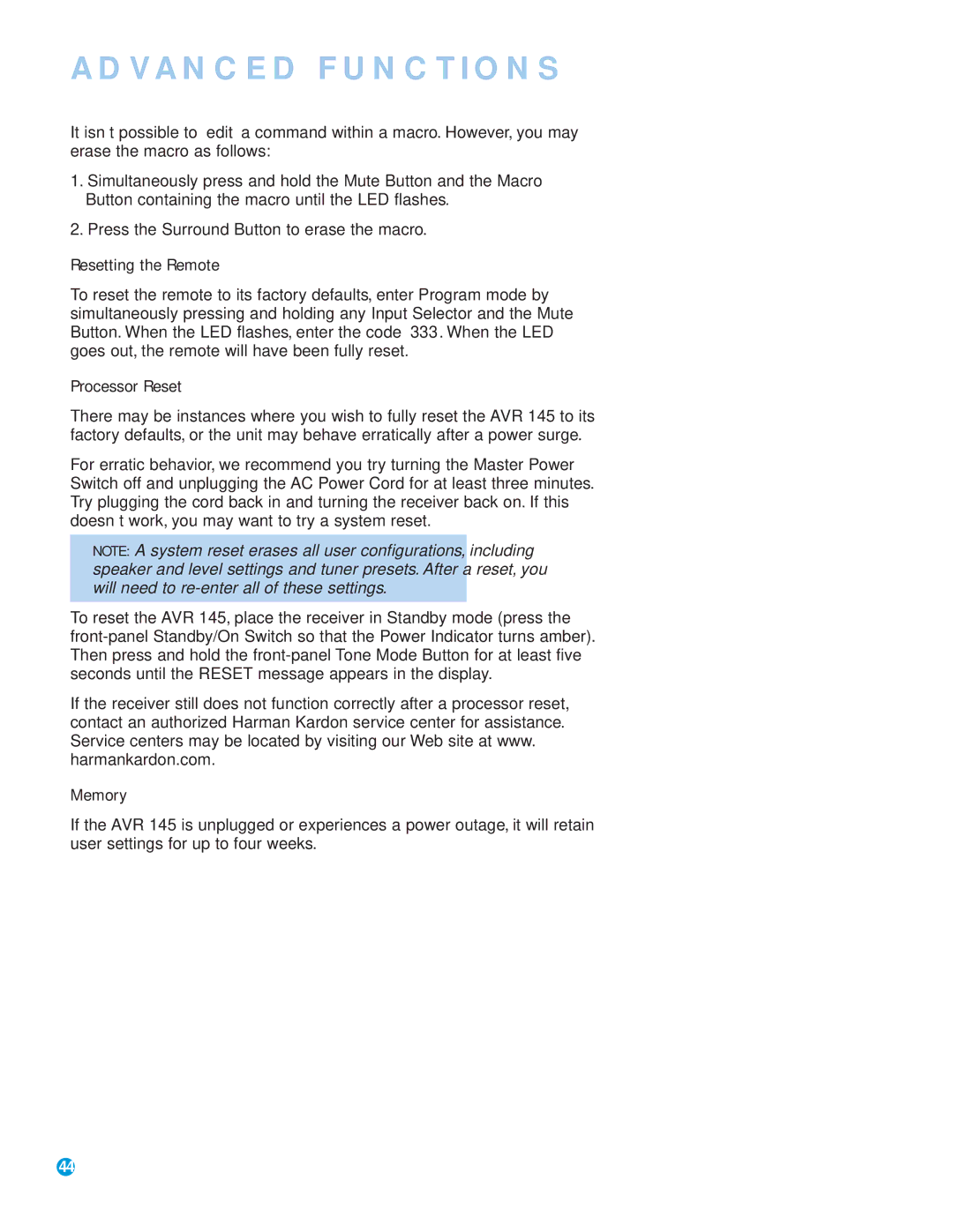 Harman-Kardon AVR 145 Resetting the Remote, Processor Reset, Memory, Press the Surround Button to erase the macro 
