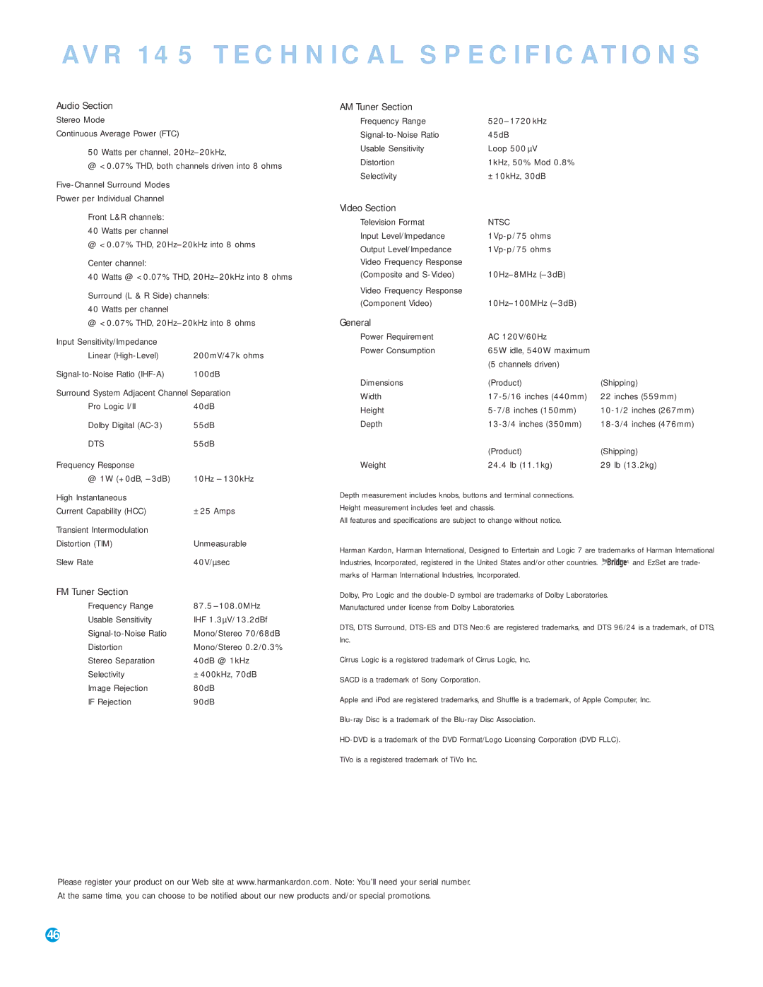 Harman-Kardon owner manual AVR 145 Technical Specifications, Dts 