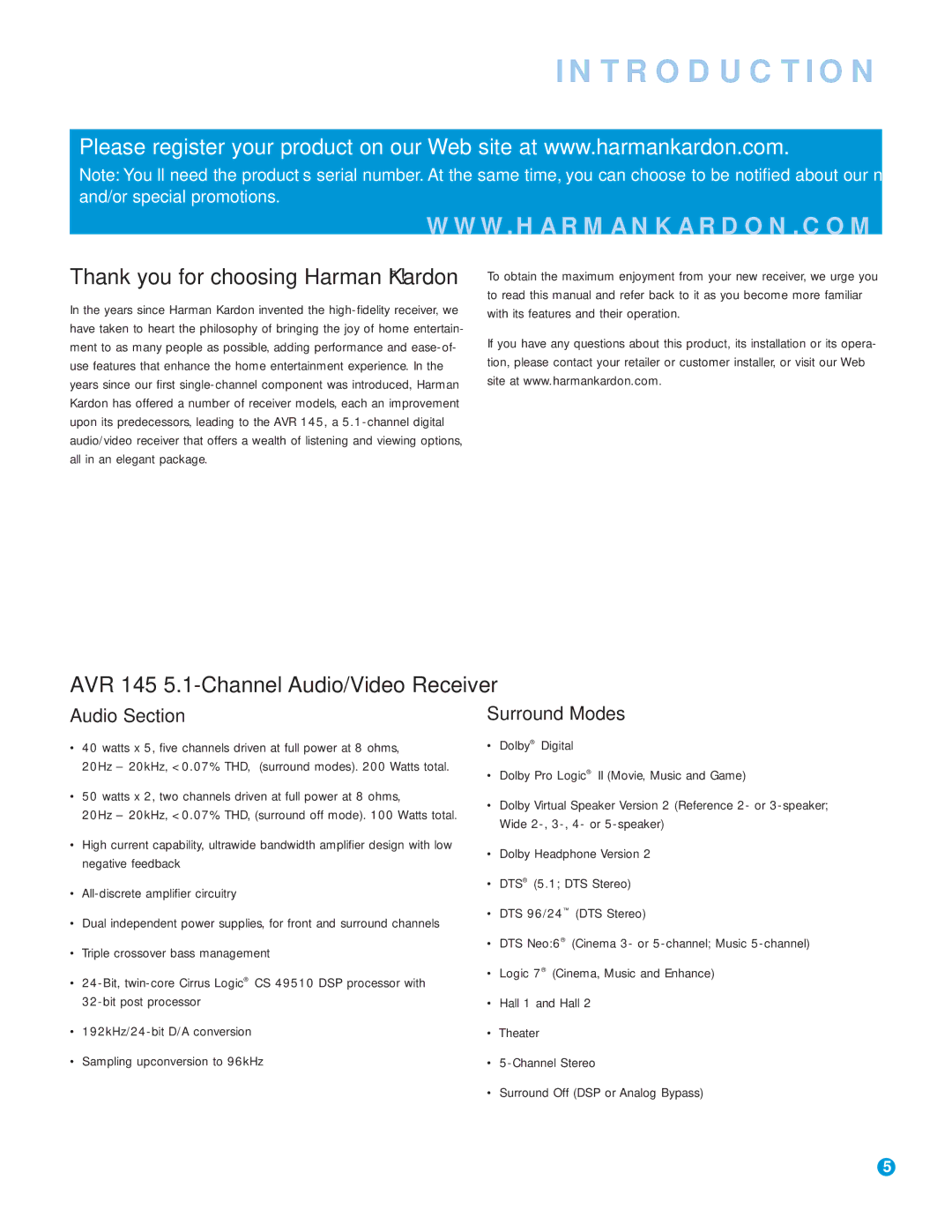 Harman-Kardon AVR 145 owner manual Introduction, Thank you for choosing Harman Kardon, Audio Section, Surround Modes 