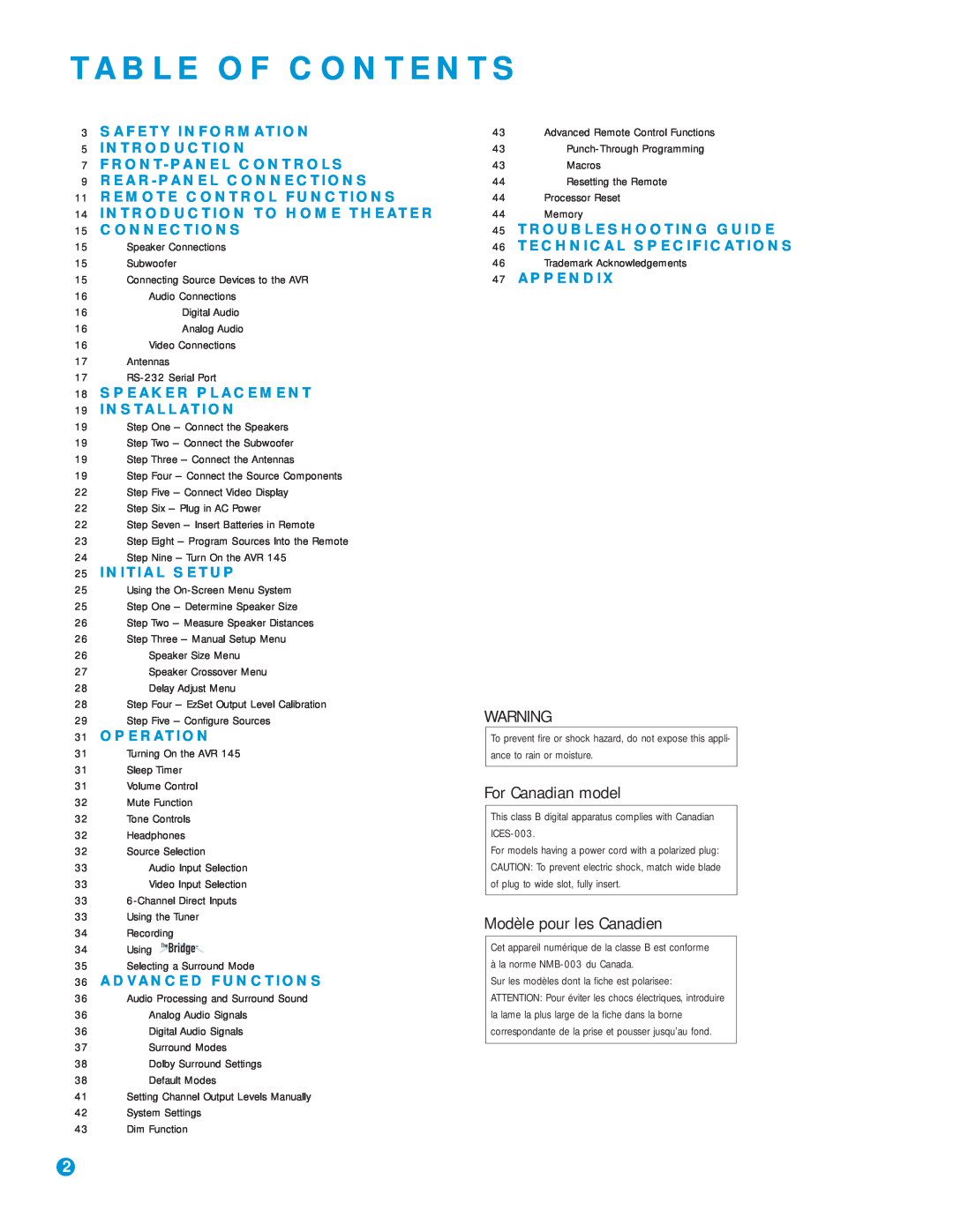 Harman-Kardon AVR 145 owner manual Table Of Contents, For Canadian model, Modèle pour les Canadien 