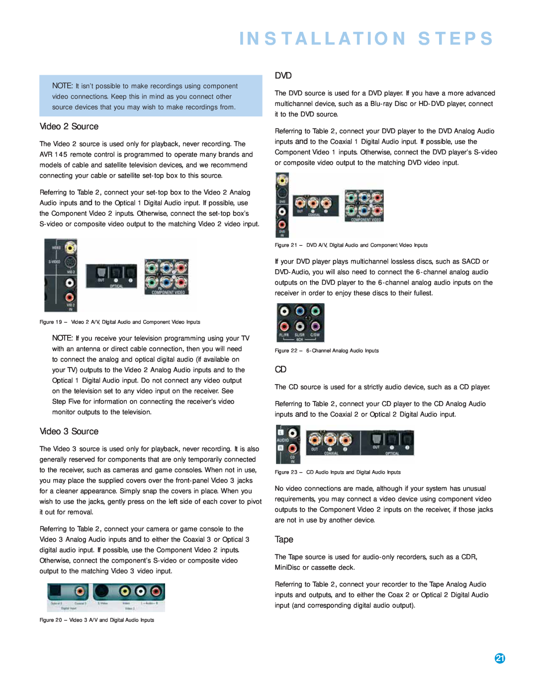 Harman-Kardon AVR 145 owner manual Installation Steps, Video 2 Source, Video 3 Source, Tape 