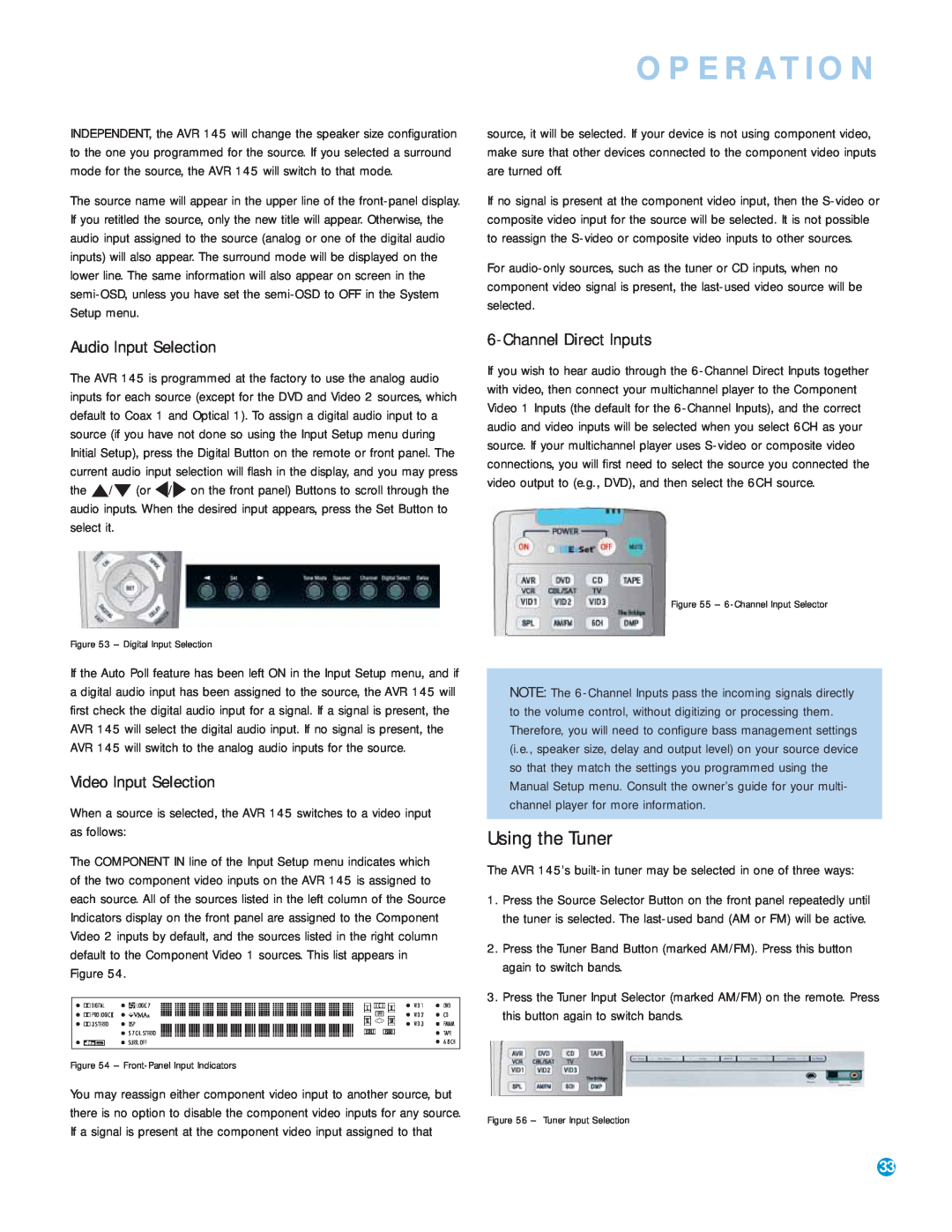 Harman-Kardon AVR 145 Using the Tuner, Operation, Audio Input Selection, Video Input Selection, ChannelDirect Inputs 