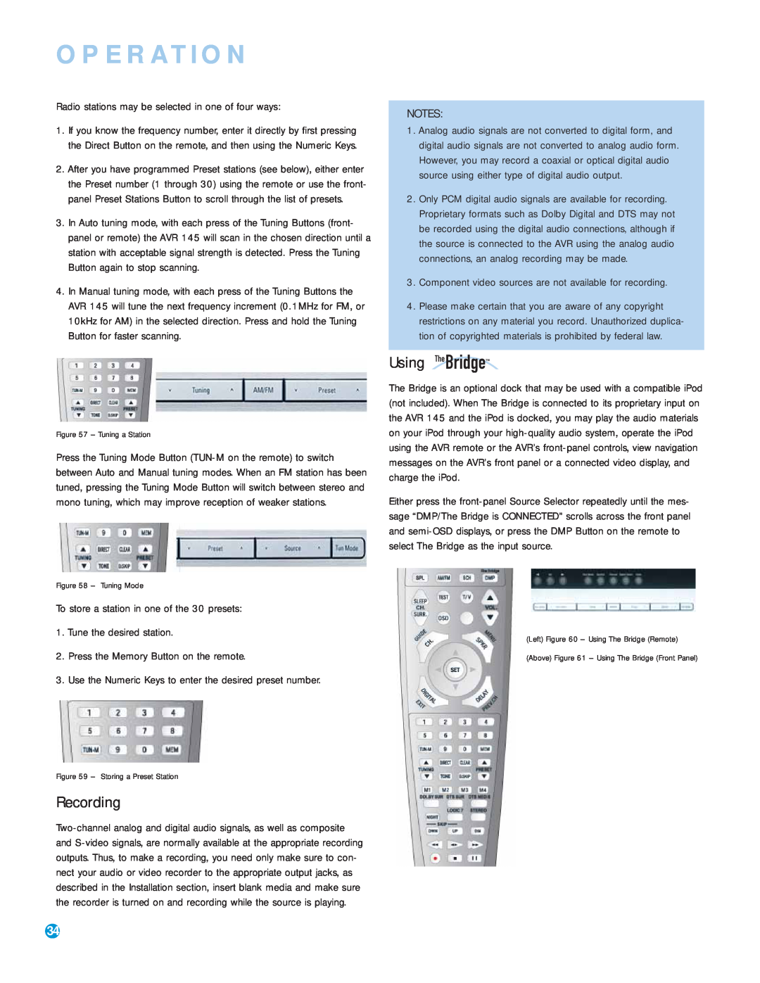 Harman-Kardon AVR 145 owner manual Recording, Using TheBridgeTM, Operation, To store a station in one of the 30 presets 