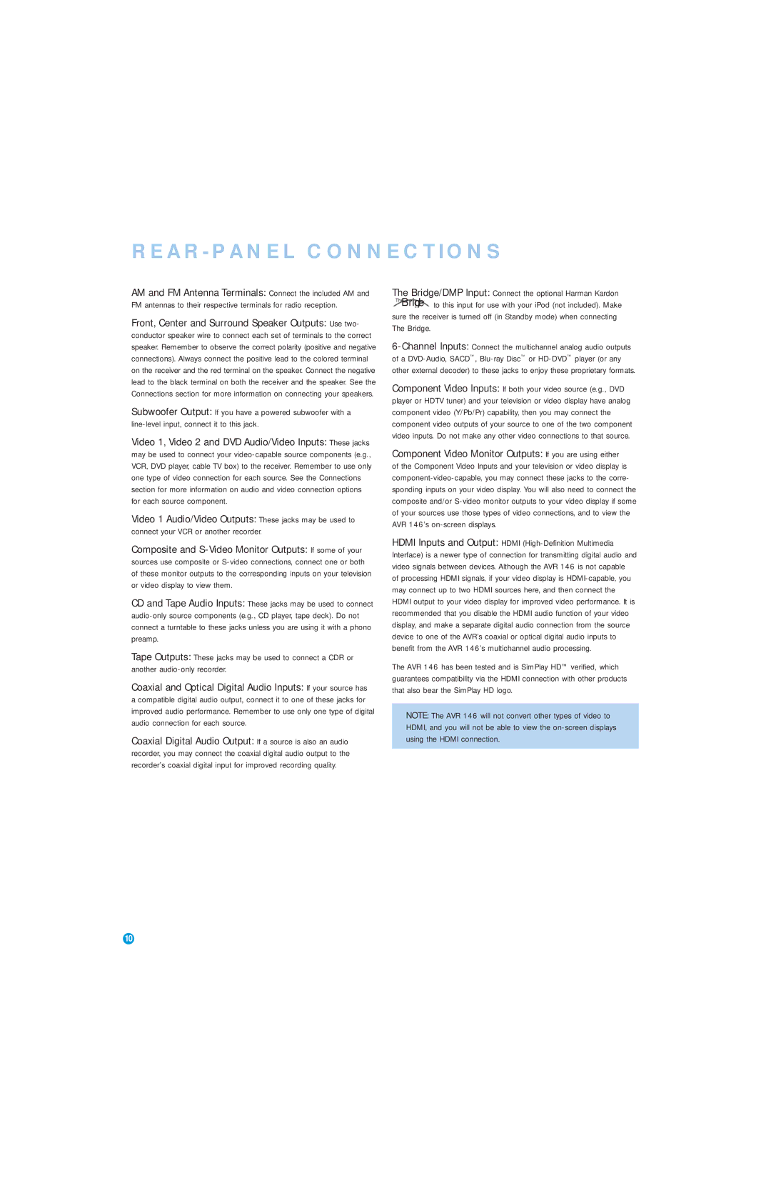 Harman-Kardon AVR 146 owner manual REAR-PANEL Connections 