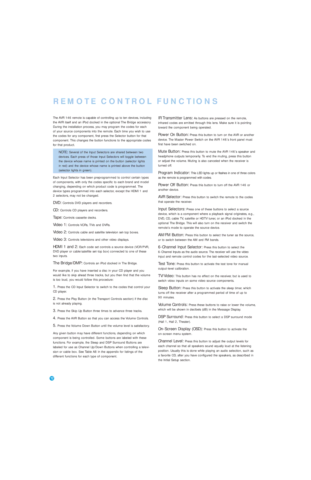 Harman-Kardon AVR 146 owner manual Remote Control Functions, Channel Input Selector Press this button to select 