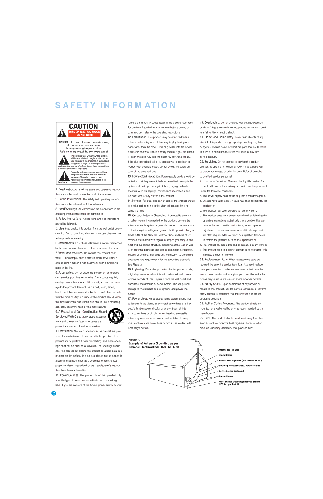 Harman-Kardon AVR 146 owner manual Safety Information, Outdoor Antenna Grounding. If an outside antenna 