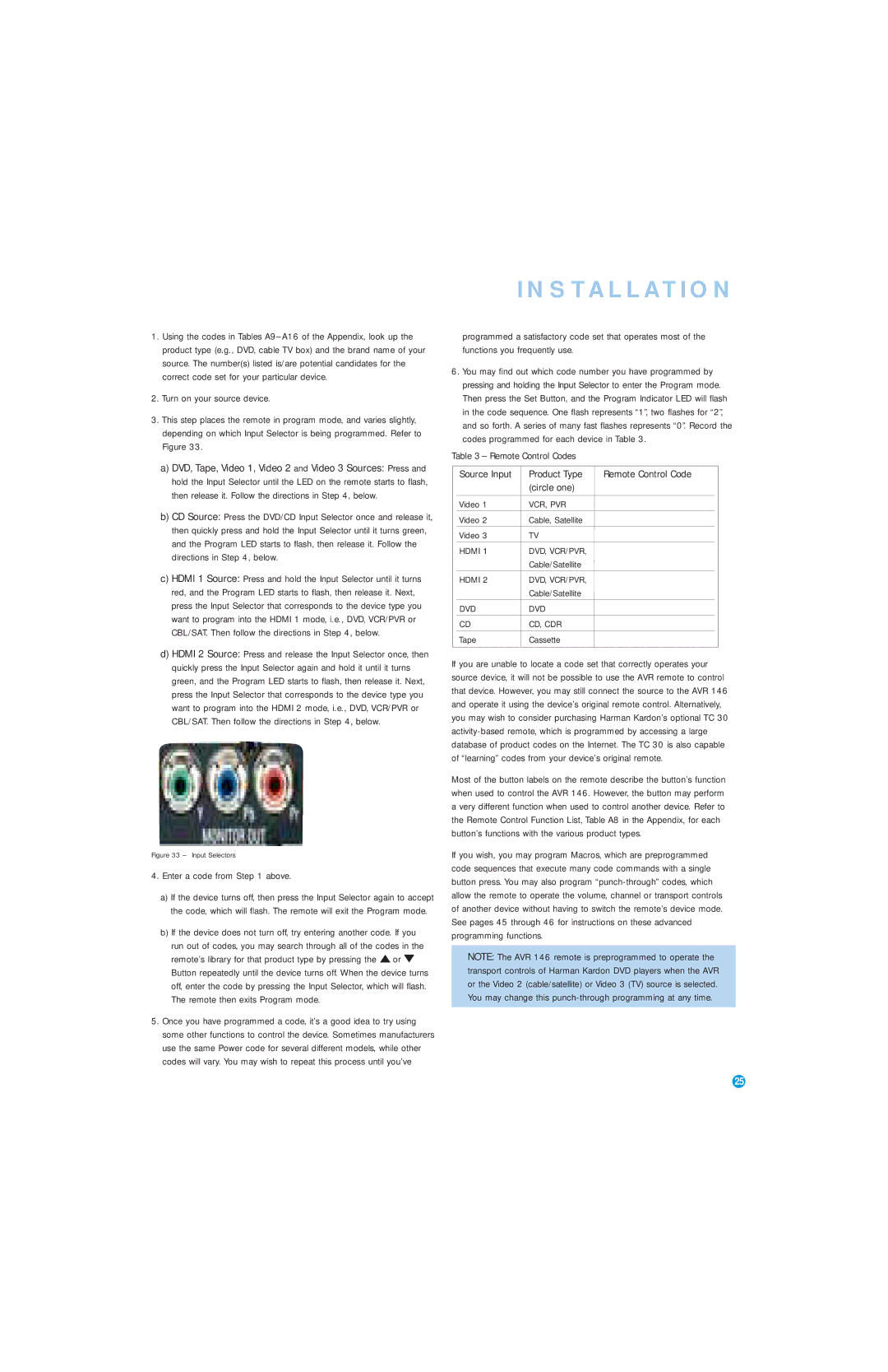 Harman-Kardon AVR 146 Turn on your source device, Enter a code from above, Video Cable, Satellite, Cable/Satellite 