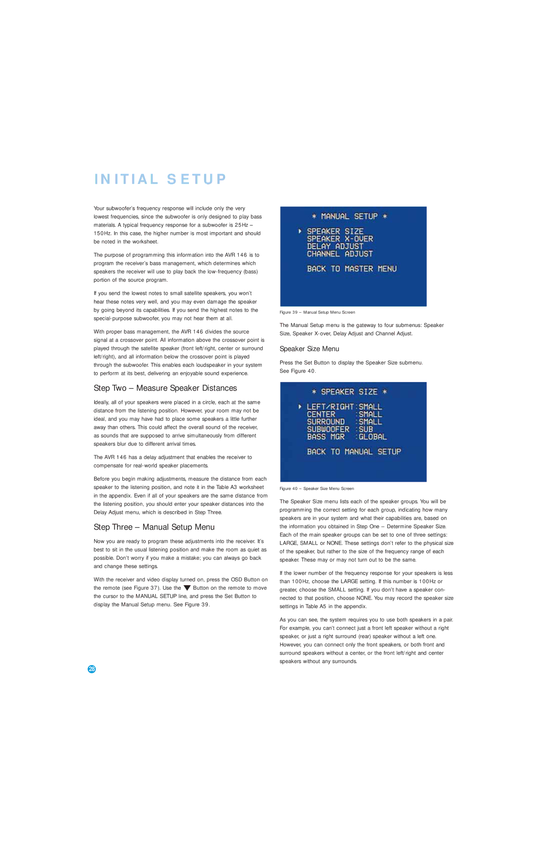 Harman-Kardon AVR 146 owner manual Step Two Measure Speaker Distances, Step Three Manual Setup Menu, Speaker Size Menu 