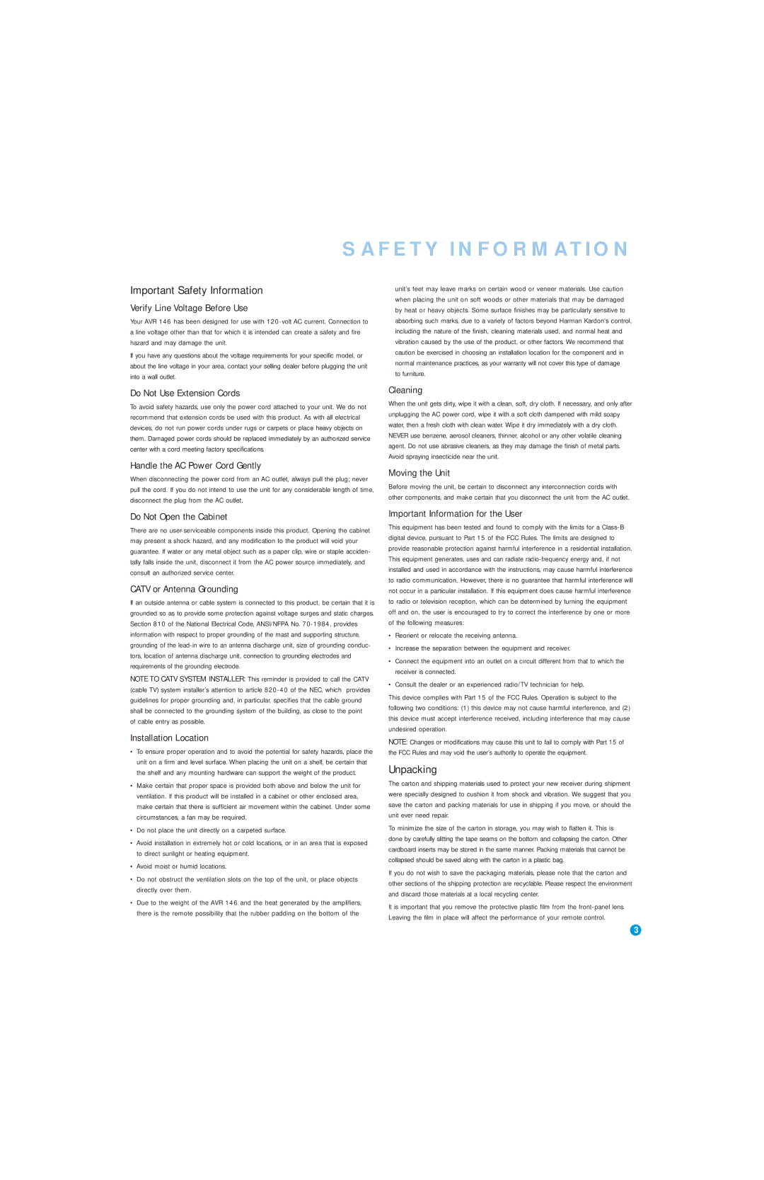 Harman-Kardon AVR 146 owner manual Important Safety Information 