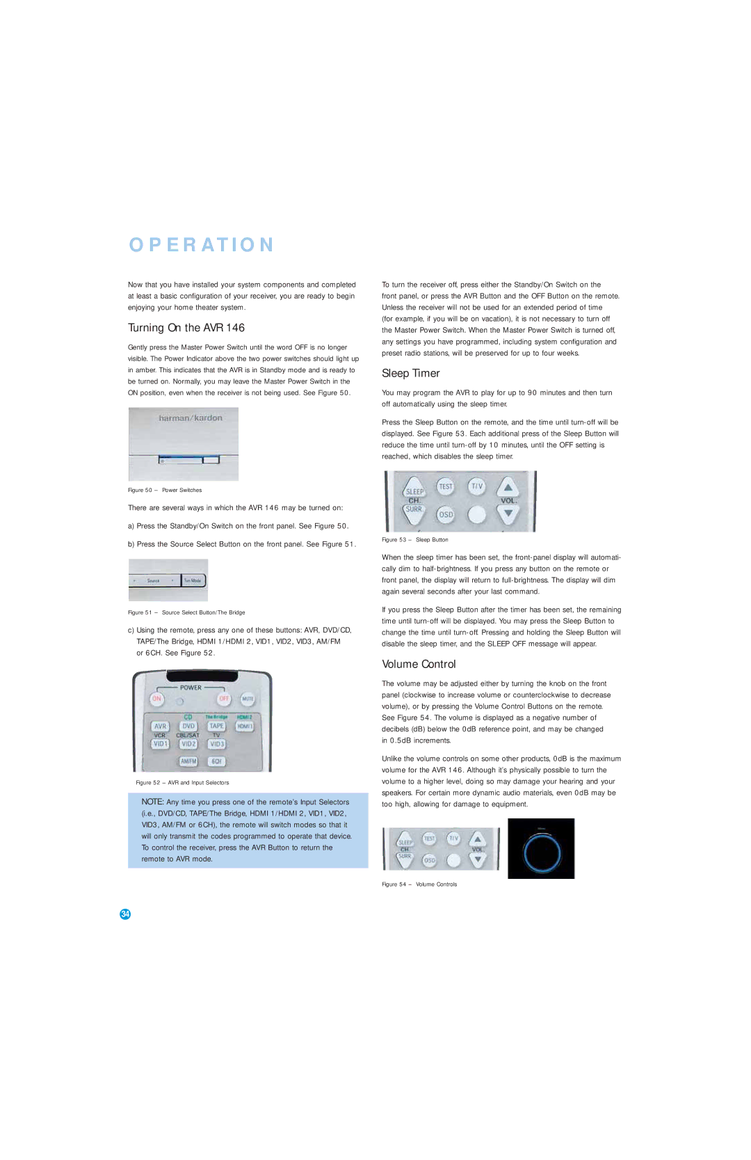 Harman-Kardon AVR 146 owner manual Operation, Turning On the AVR, Sleep Timer, Volume Control 