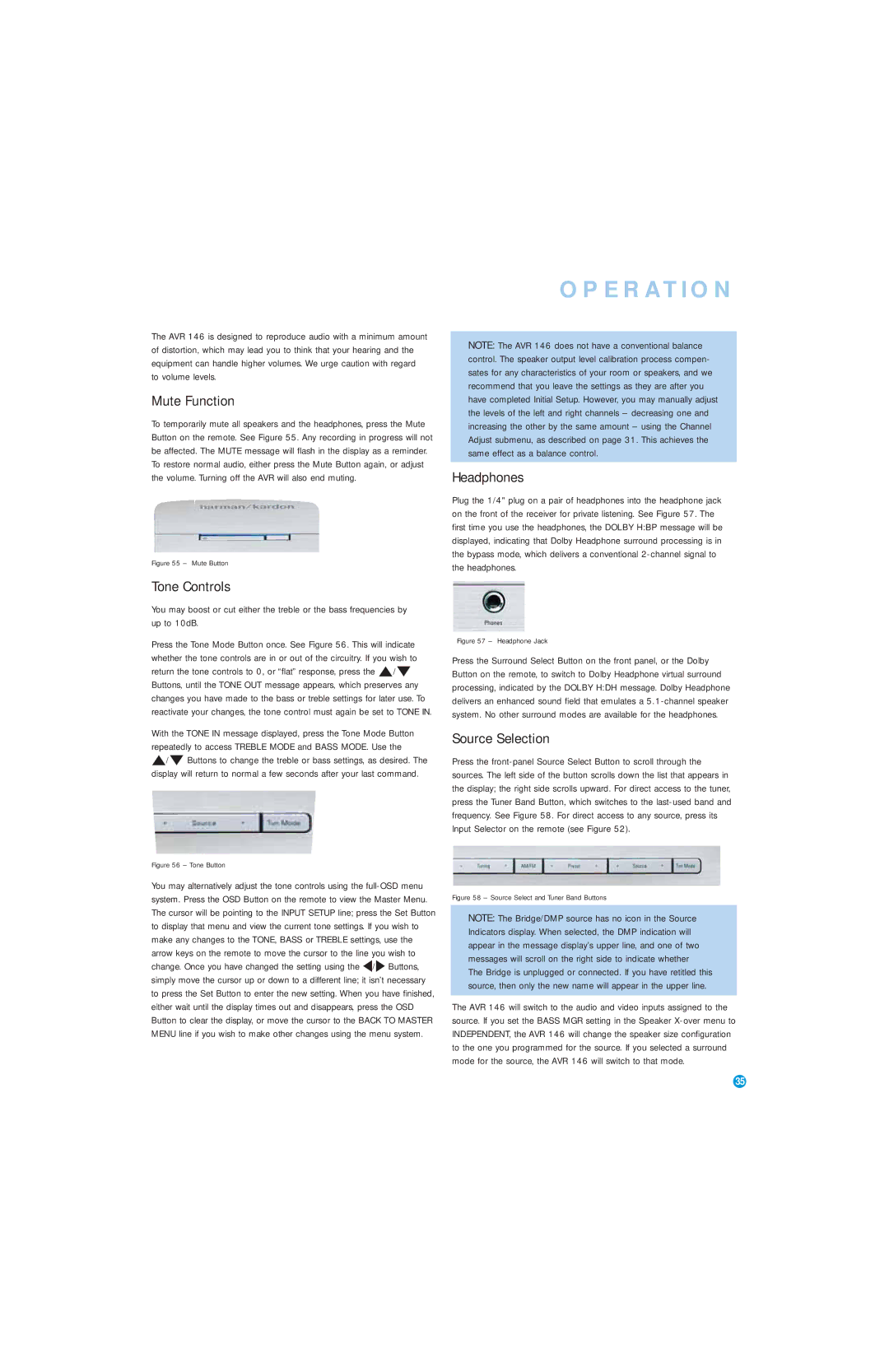 Harman-Kardon AVR 146 owner manual Mute Function, Tone Controls, Headphones, Source Selection 