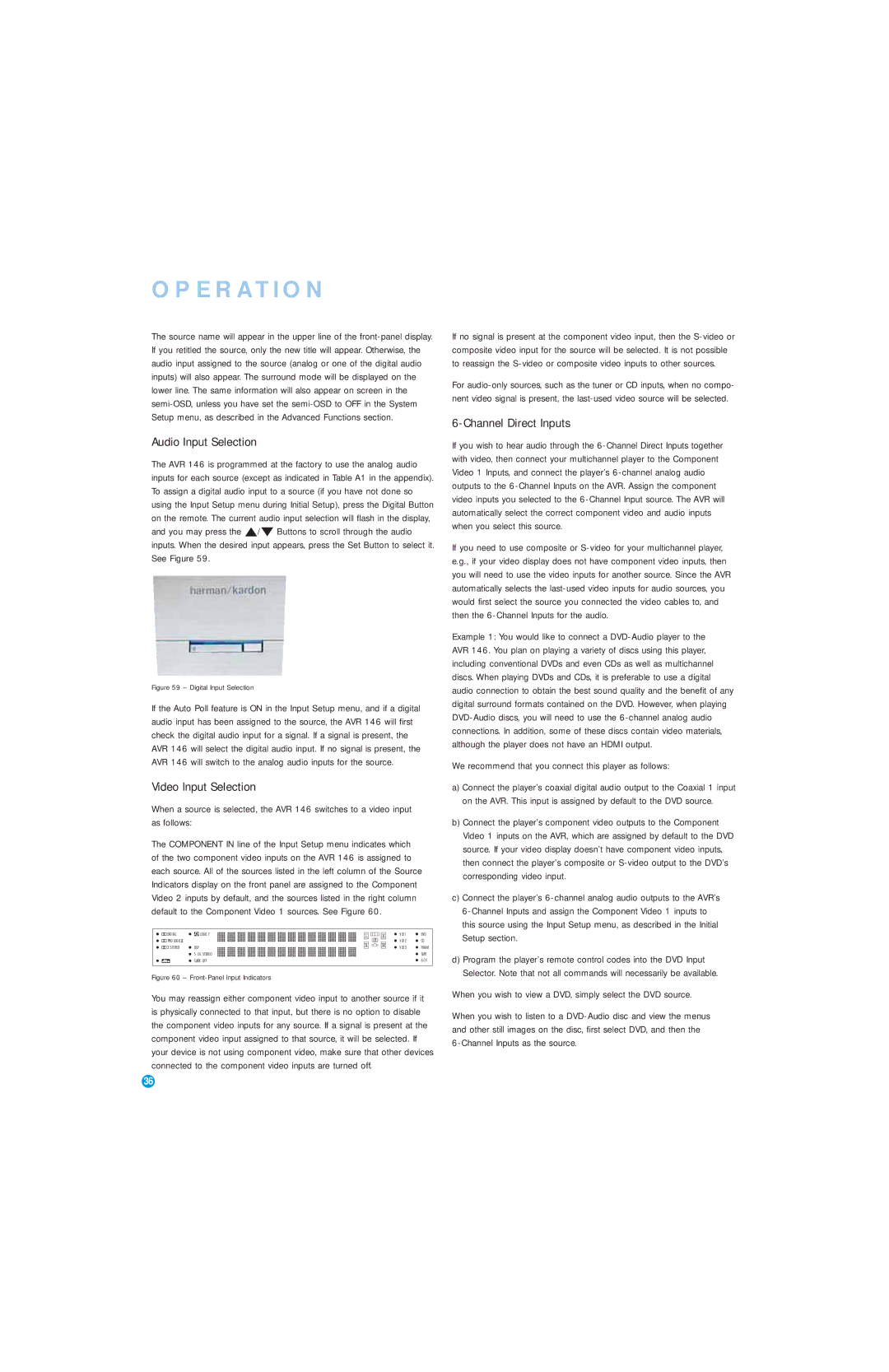 Harman-Kardon AVR 146 owner manual Audio Input Selection, Video Input Selection, Channel Direct Inputs 