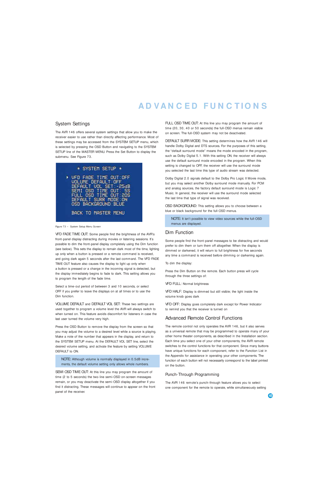 Harman-Kardon AVR 146 System Settings, Dim Function, Advanced Remote Control Functions, Punch-Through Programming 