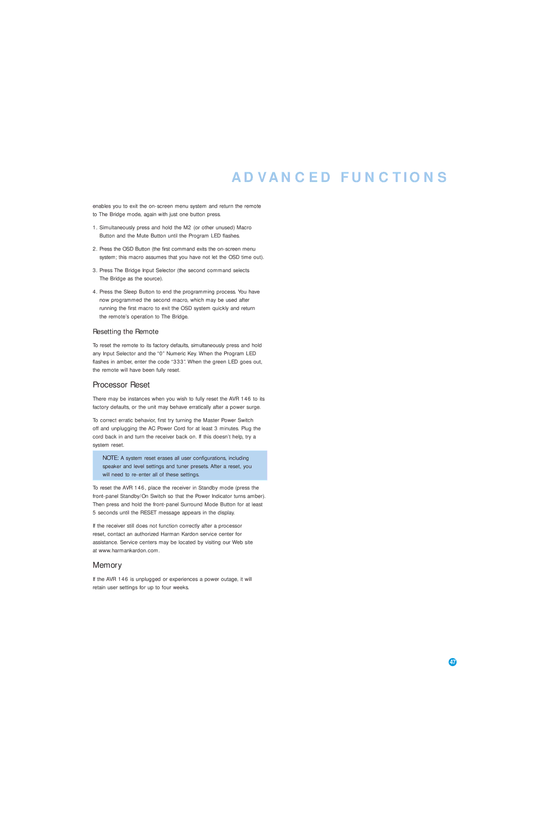 Harman-Kardon AVR 146 owner manual Processor Reset, Memory, Resetting the Remote 