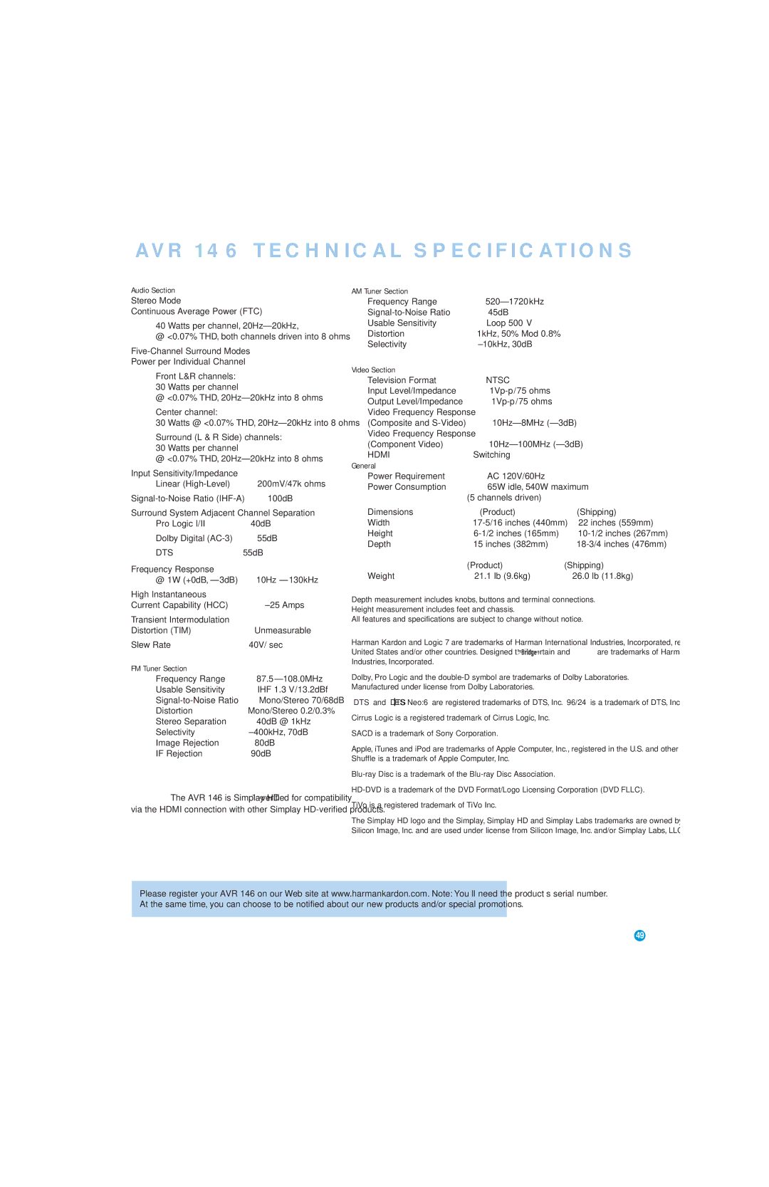 Harman-Kardon owner manual AVR 146 Technical Specifications, Dts 