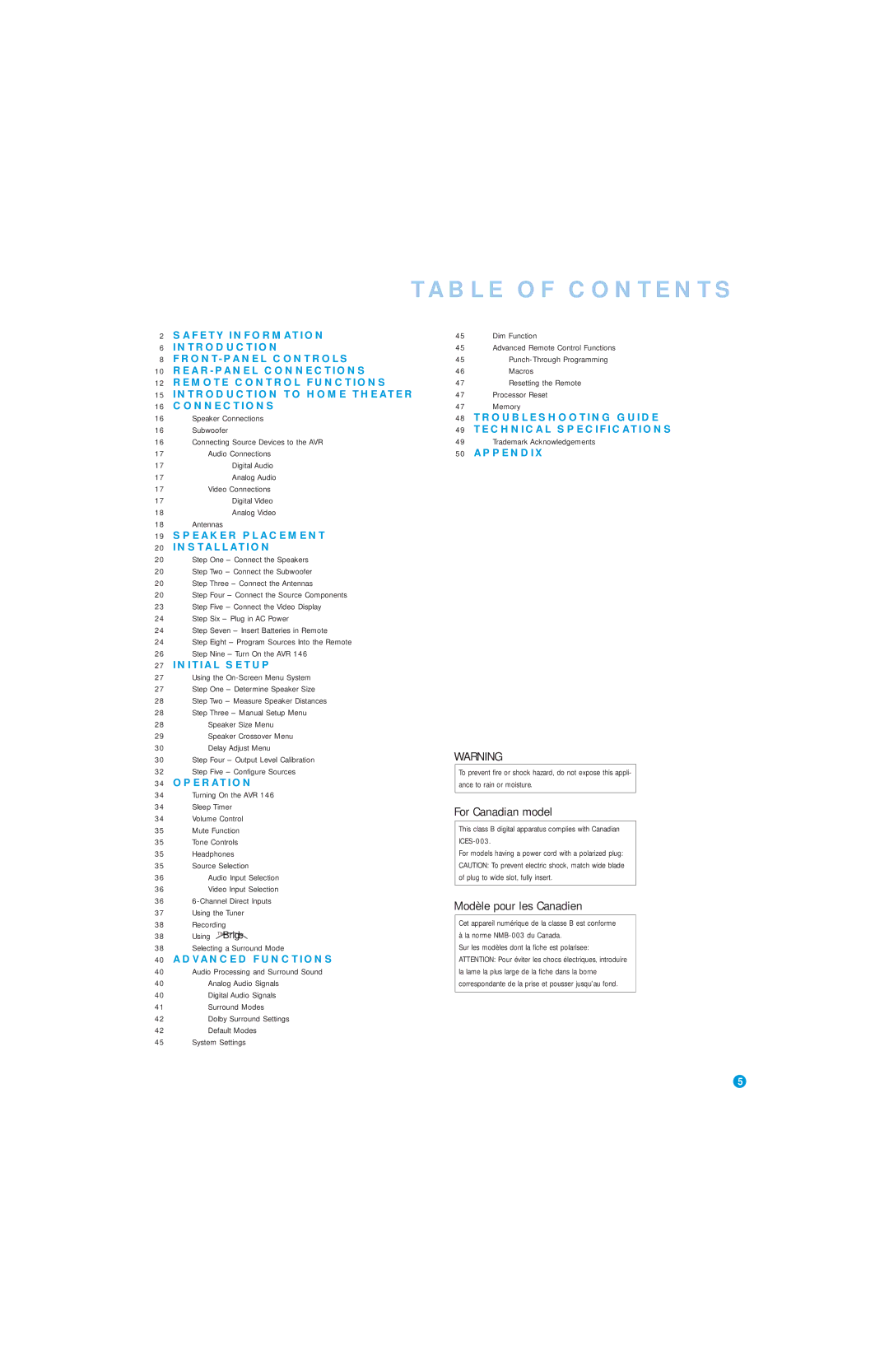 Harman-Kardon AVR 146 owner manual Table of Contents 