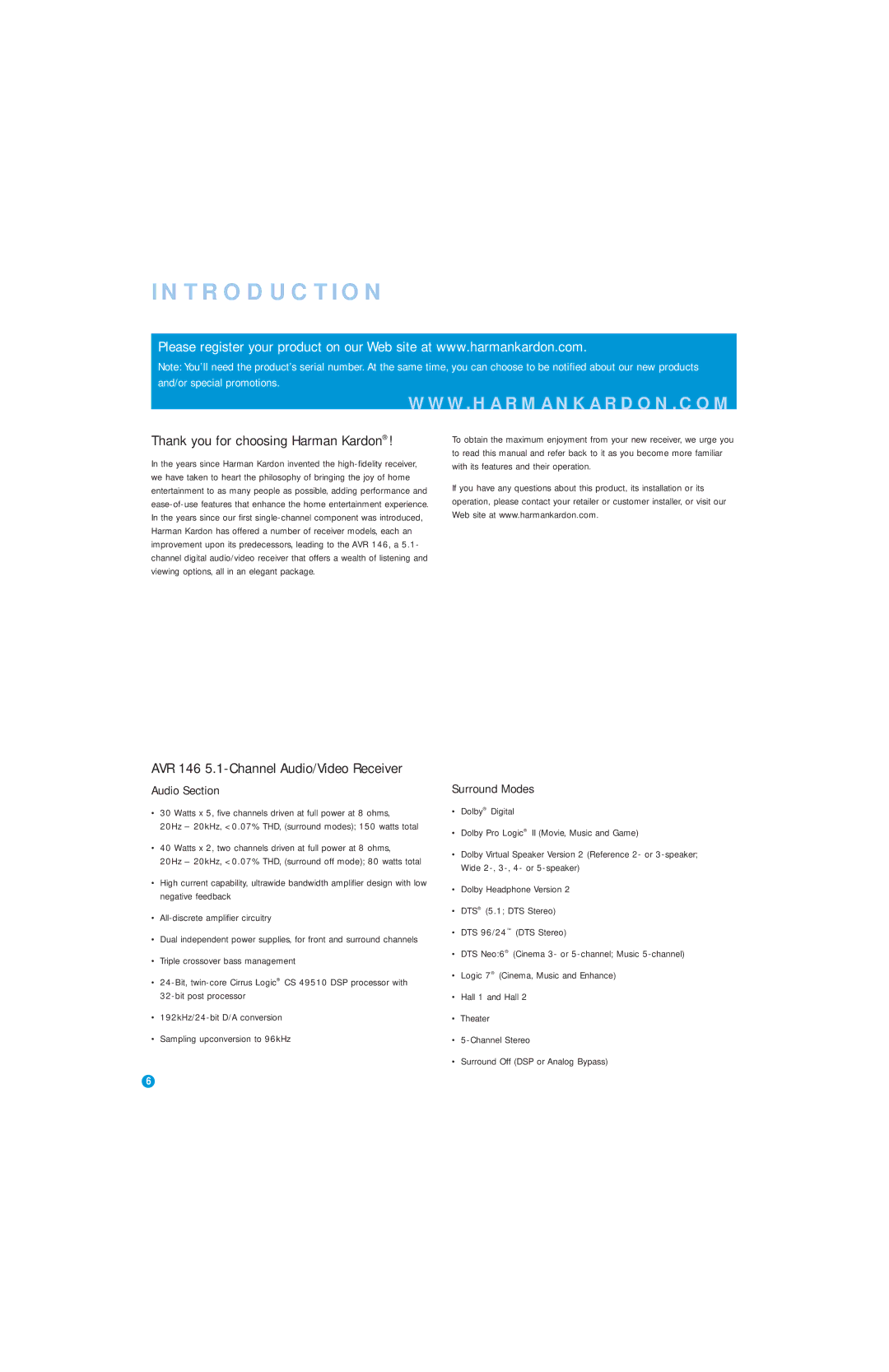 Harman-Kardon AVR 146 owner manual Introduction, Thank you for choosing Harman Kardon, Audio Section, Surround Modes 