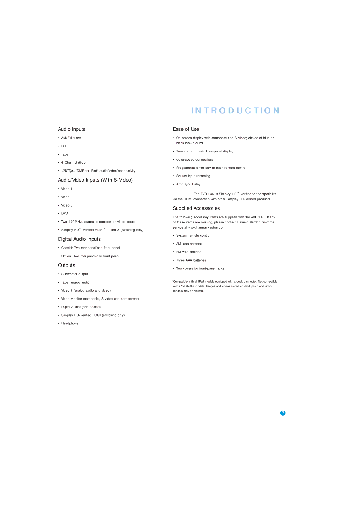 Harman-Kardon AVR 146 owner manual Audio/Video Inputs With S-Video, Digital Audio Inputs, Outputs, Ease of Use 