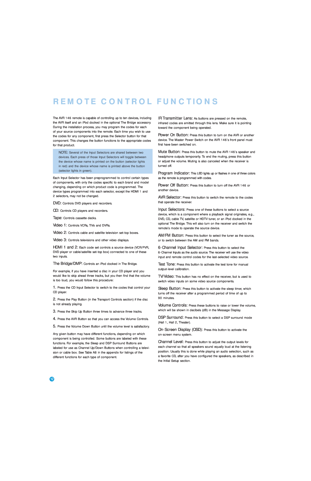 Harman-Kardon AVR 146 owner manual Remote Control Functions 