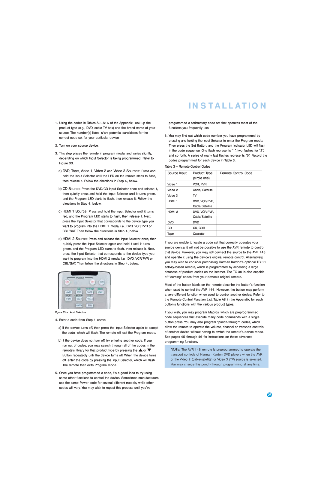 Harman-Kardon AVR 146 owner manual Installation, Turn on your source device, Enter a code from above 