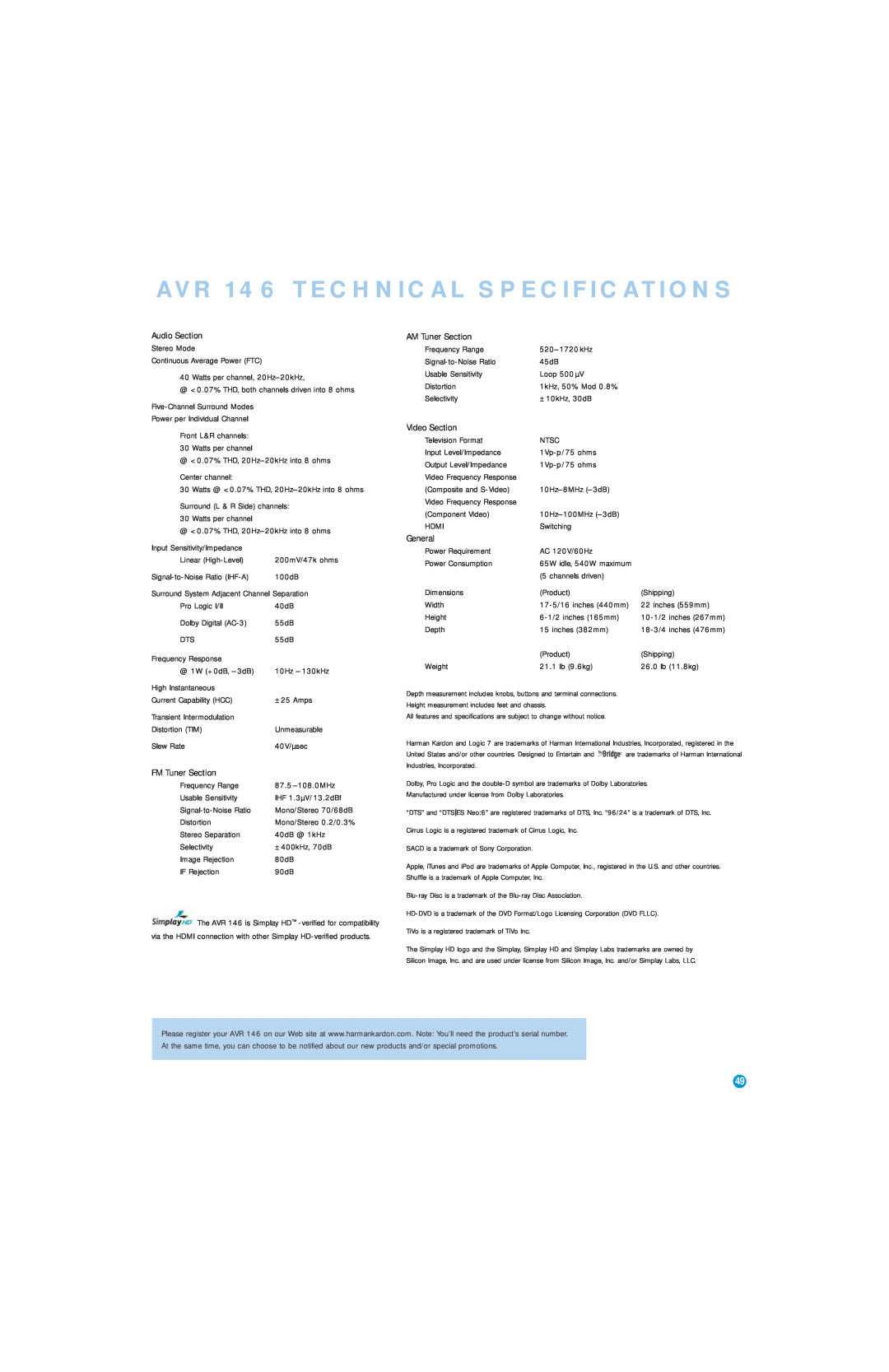 Harman-Kardon owner manual AVR 146 TECHNICAL SPECIFICATIONS 