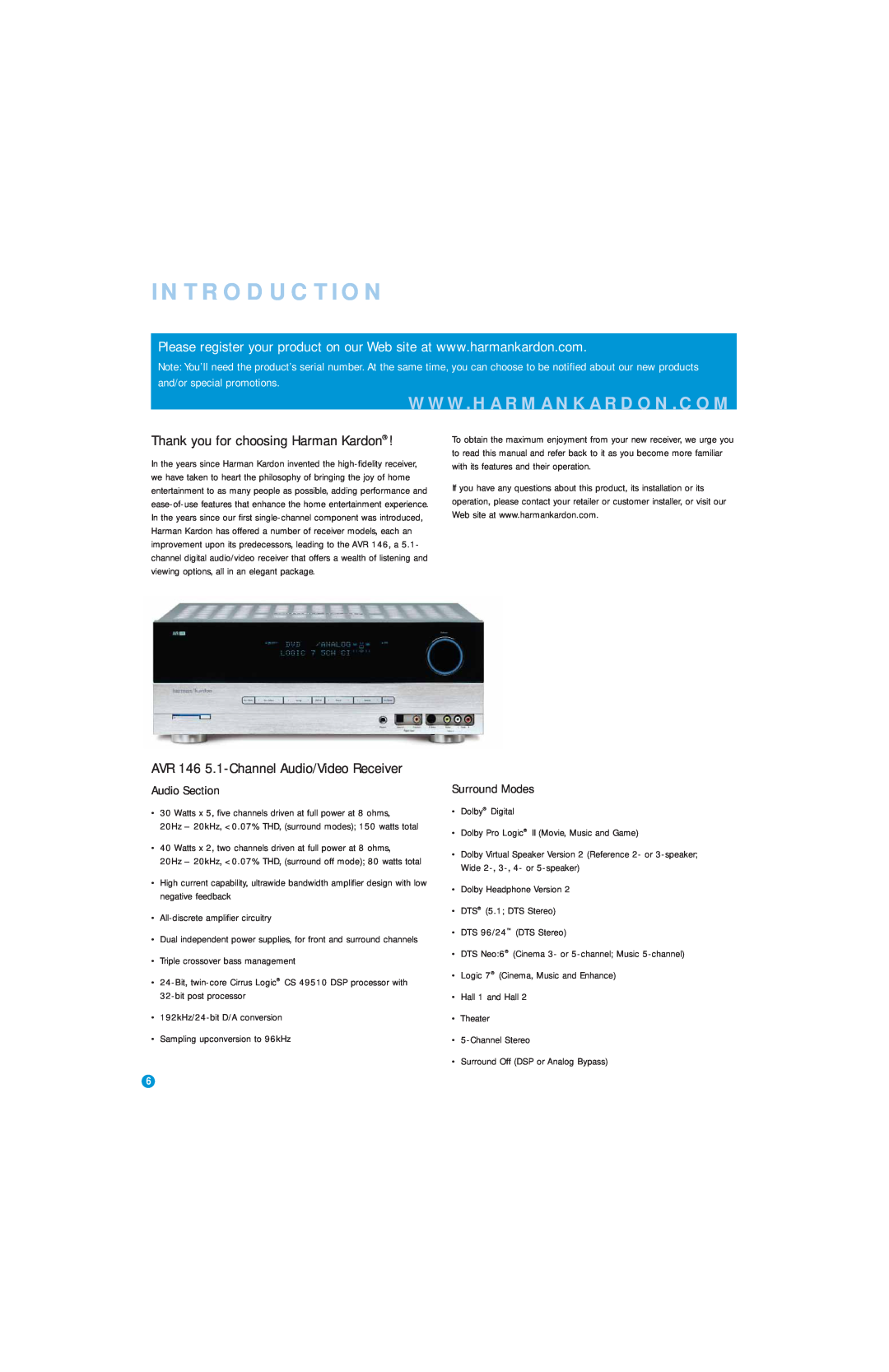 Harman-Kardon owner manual Introduction, Thank you for choosing Harman Kardon, AVR 146 5.1-ChannelAudio/Video Receiver 