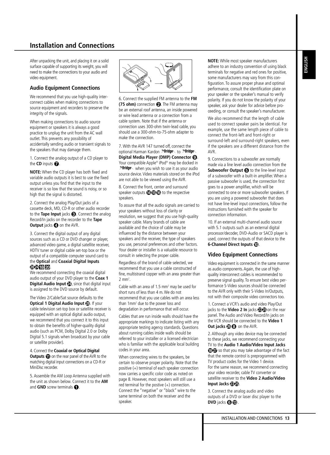 Harman-Kardon AVR 147 owner manual Installation and Connections, Audio Equipment Connections, Video Equipment Connections 