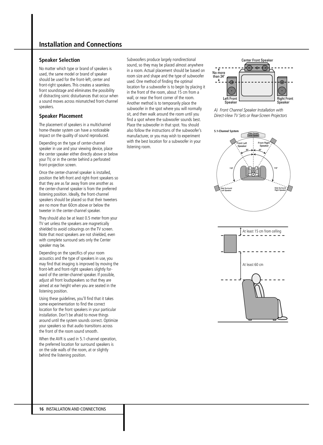 Harman-Kardon AVR 147 owner manual Speaker Selection, Speaker Placement 