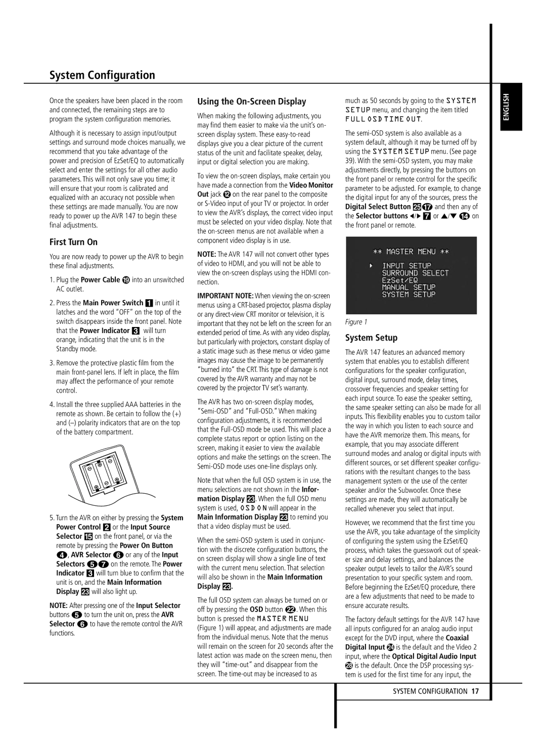 Harman-Kardon AVR 147 System Configuration, First Turn On, Using the On-Screen Display, System Setup, Display Ò 