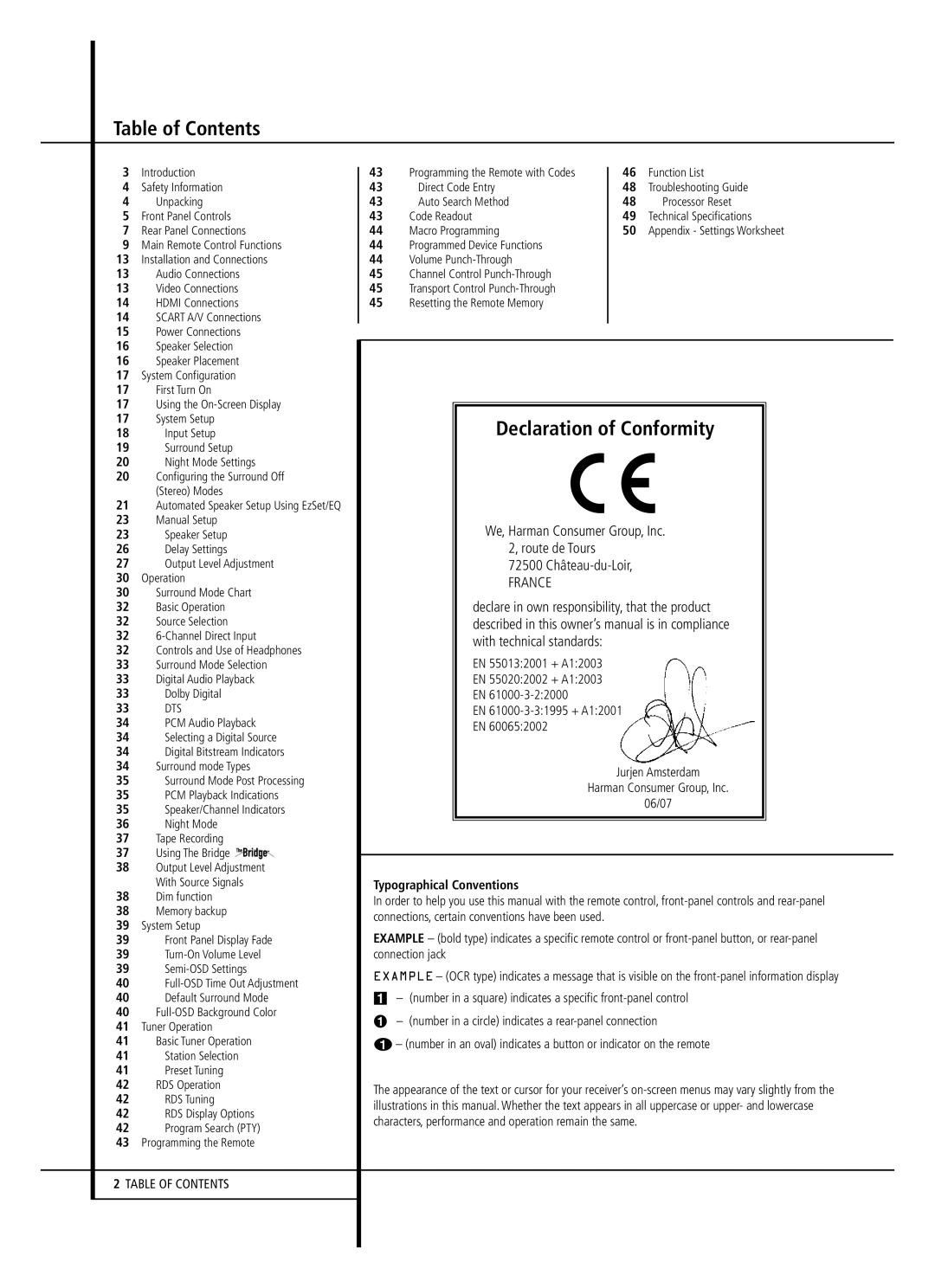 Harman-Kardon AVR 147 owner manual Table of Contents, Declaration of Conformity 