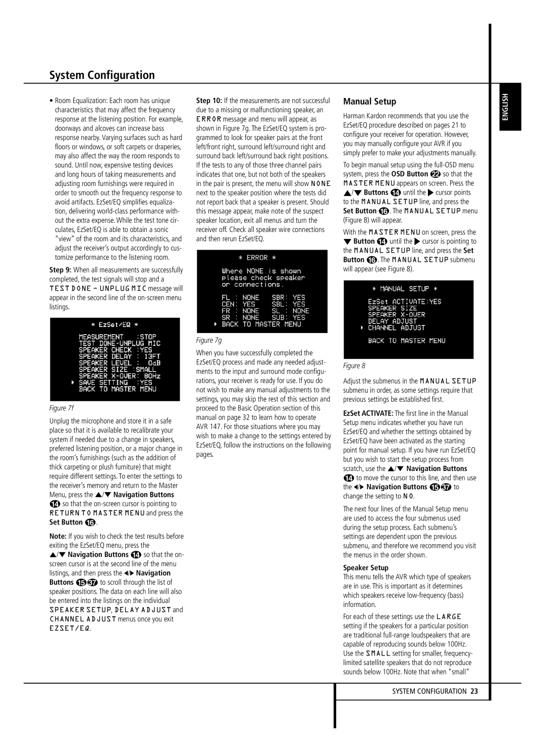 Harman-Kardon AVR 147 owner manual Manual Setup, Set Button F, Speaker Setup 