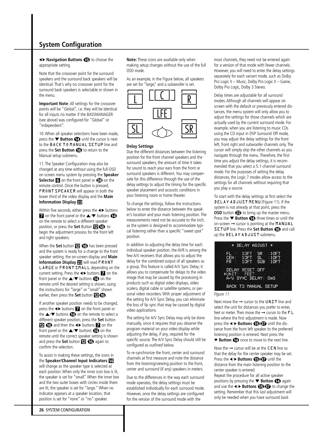 Harman-Kardon AVR 147 owner manual ‹/› Navigation Buttons E to choose the appropriate setting, Delay Settings 