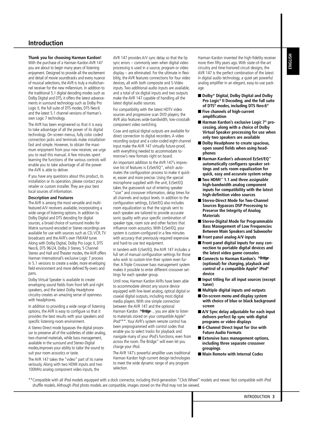 Harman-Kardon AVR 147 owner manual Introduction, Description and Features, Five channels of high-current amplification 