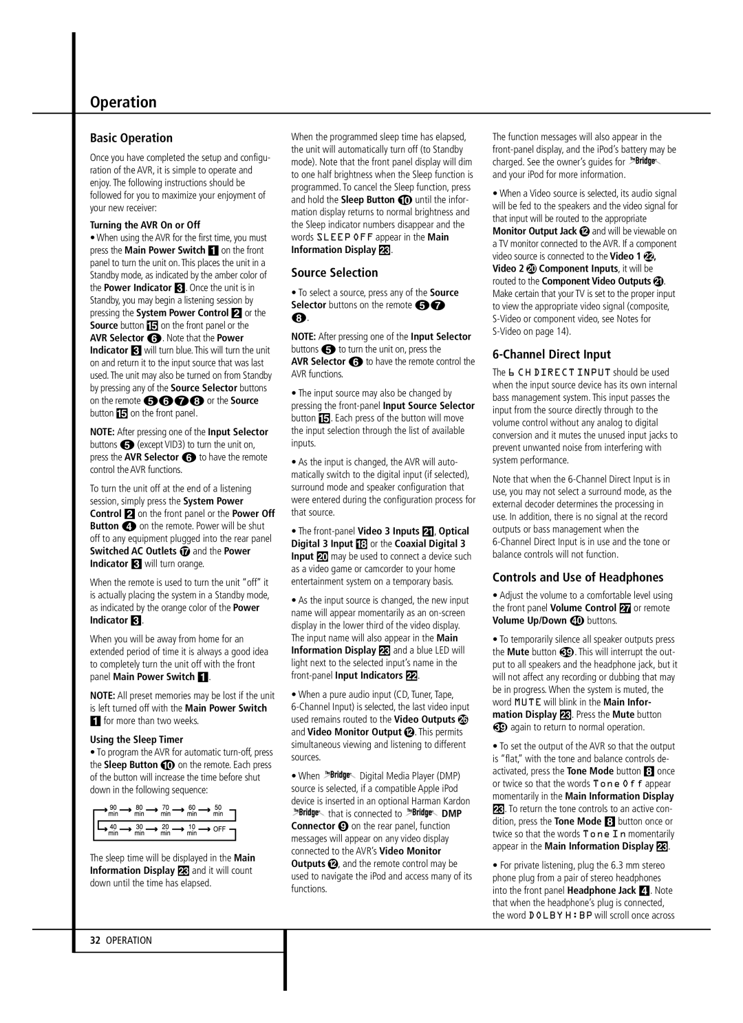 Harman-Kardon AVR 147 owner manual Basic Operation, Source Selection, Channel Direct Input, Controls and Use of Headphones 