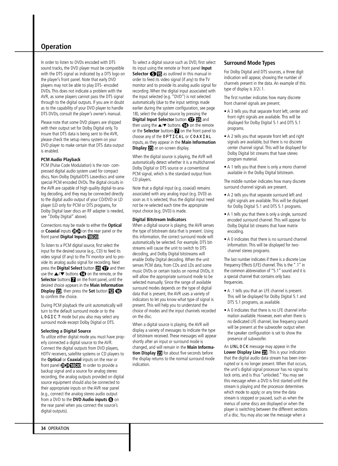 Harman-Kardon AVR 147 Surround Mode Types, PCM Audio Playback, Selecting a Digital Source, Digital Bitstream Indicators 