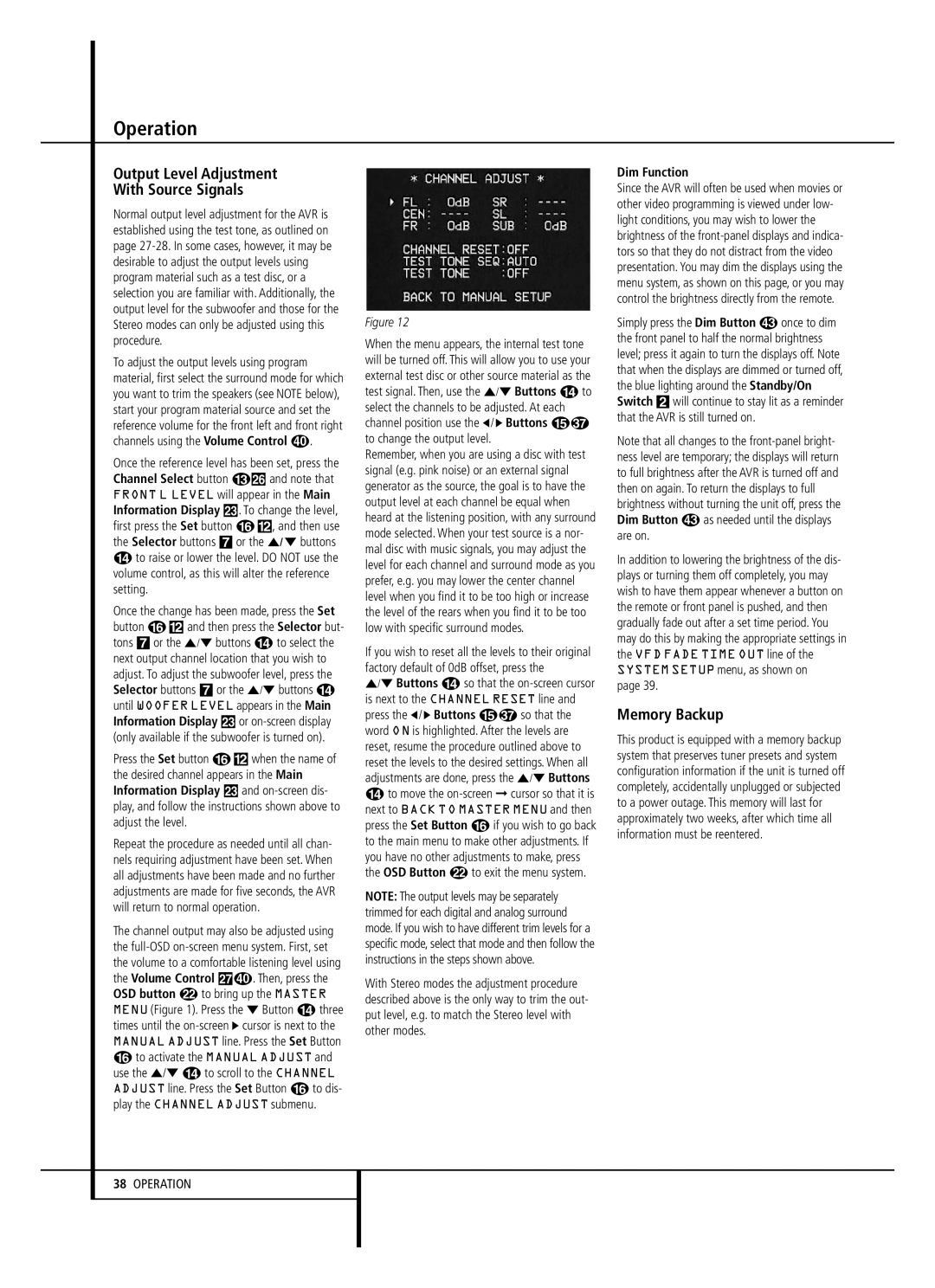 Harman-Kardon AVR 147 Output Level Adjustment With Source Signals, Memory Backup, To change the output level, Dim Function 