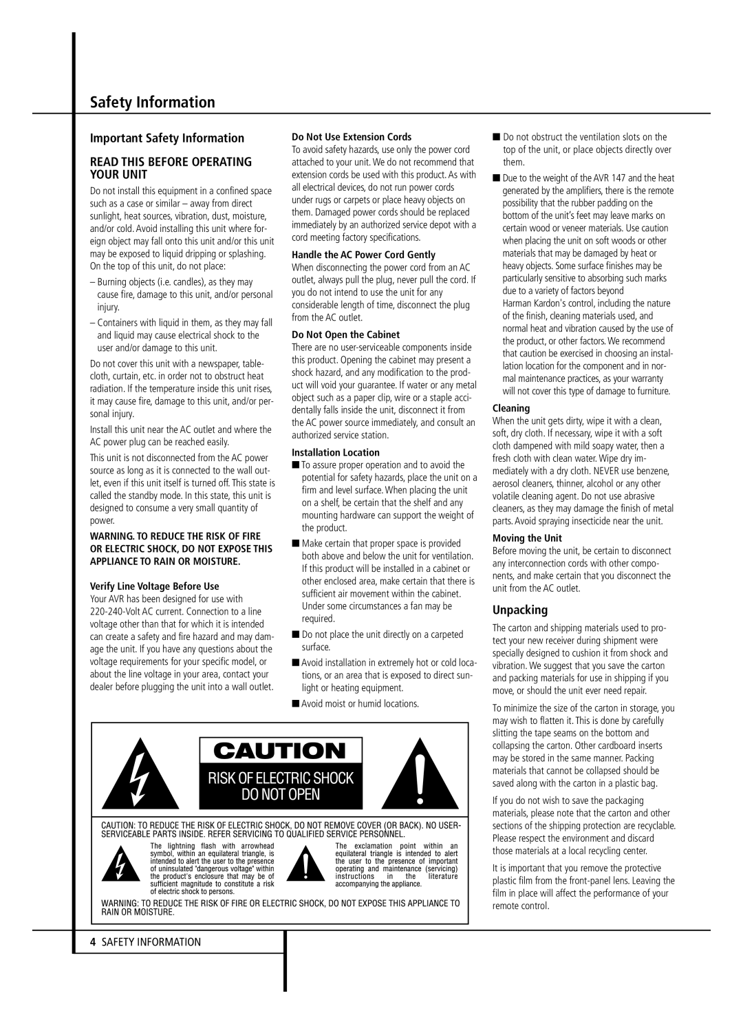 Harman-Kardon AVR 147 owner manual Important Safety Information, Unpacking 