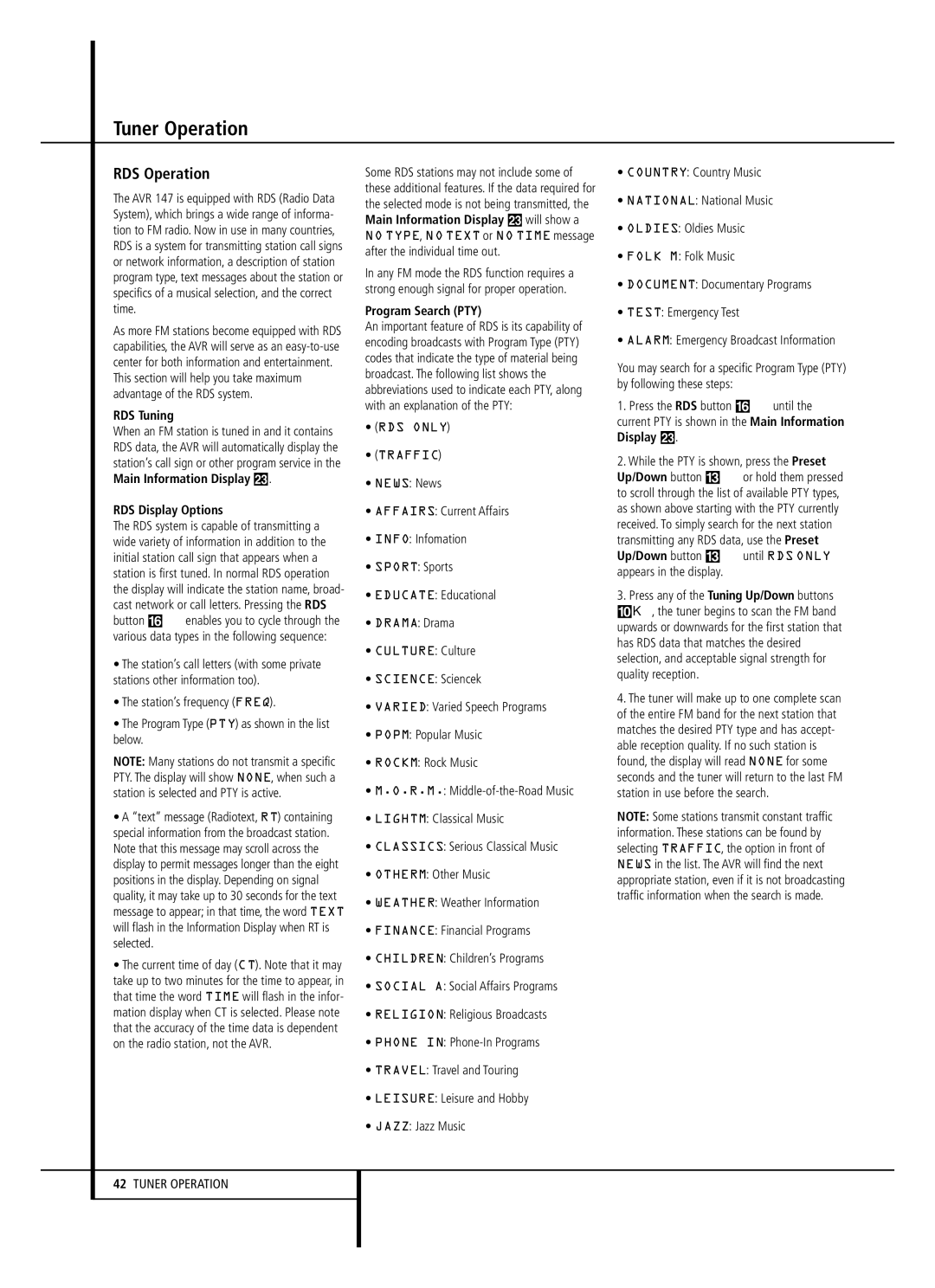 Harman-Kardon AVR 147 owner manual RDS Operation, RDS Tuning, RDS Display Options, Program Search PTY 