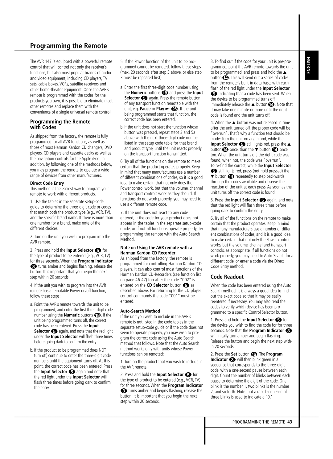 Harman-Kardon AVR 147 Programming the Remote with Codes, Code Readout, Direct Code Entry, Auto-Search Method 