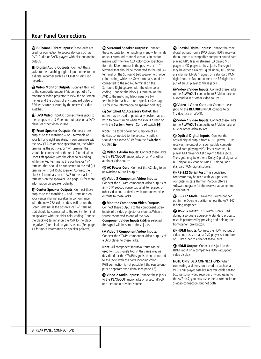 Harman-Kardon AVR 147 owner manual Rear Panel Connections 